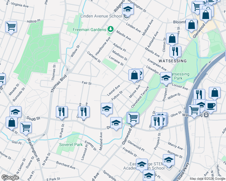 map of restaurants, bars, coffee shops, grocery stores, and more near 61 Fulton Street in East Orange