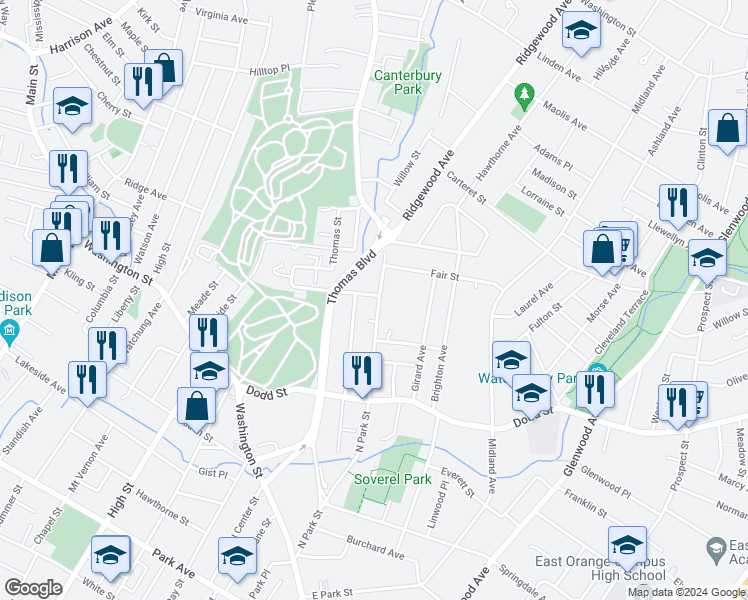 map of restaurants, bars, coffee shops, grocery stores, and more near 255 North Park Street in East Orange