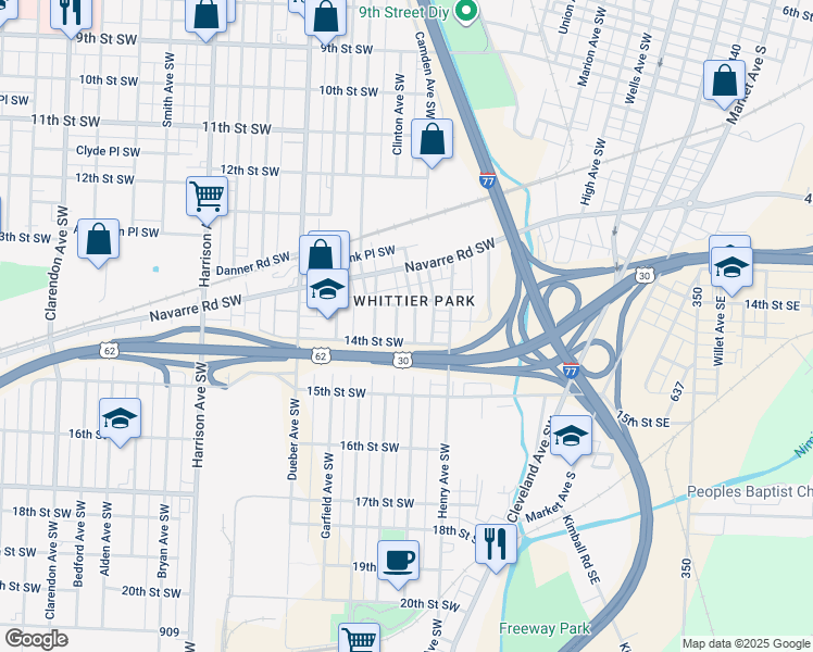 map of restaurants, bars, coffee shops, grocery stores, and more near 1384 Stark Avenue Southwest in Canton