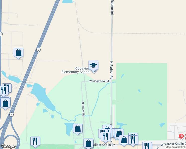 map of restaurants, bars, coffee shops, grocery stores, and more near West Ridgeview Road in Peoria