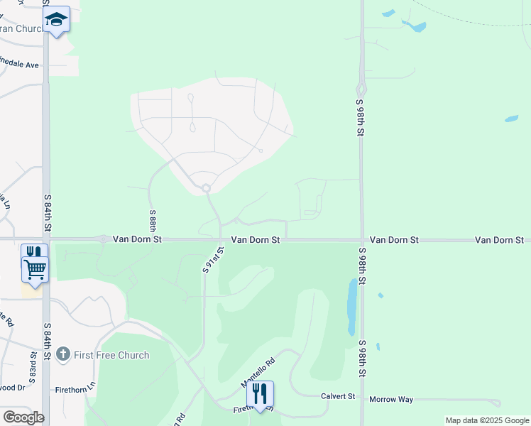 map of restaurants, bars, coffee shops, grocery stores, and more near 9300 Van Dorn Street in Lincoln