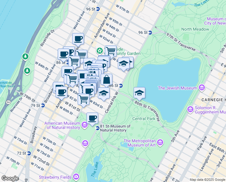 map of restaurants, bars, coffee shops, grocery stores, and more near 10 West 86th Street in New York