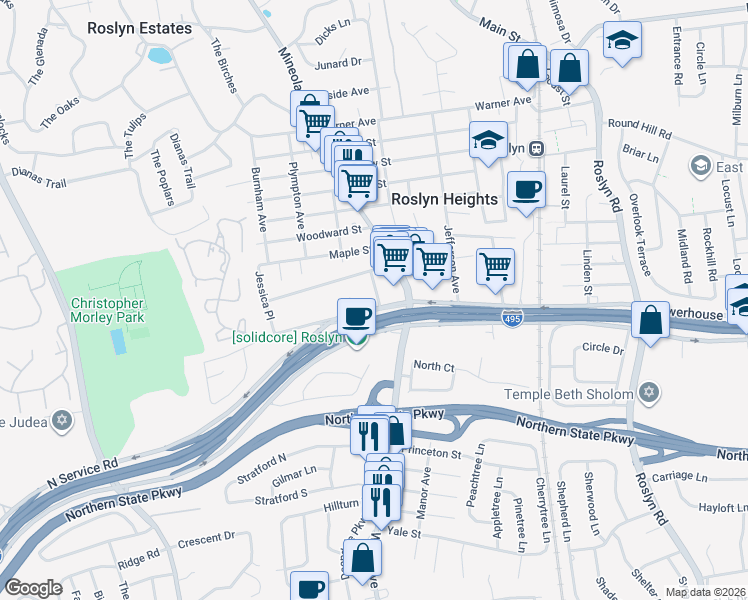 map of restaurants, bars, coffee shops, grocery stores, and more near 123 Powerhouse Road in Roslyn Heights
