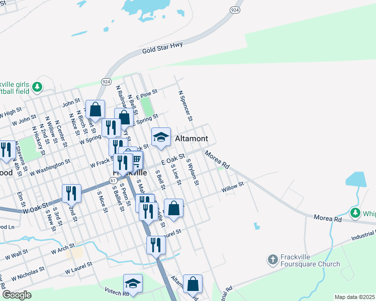 map of restaurants, bars, coffee shops, grocery stores, and more near 407 East Oak Street in Frackville