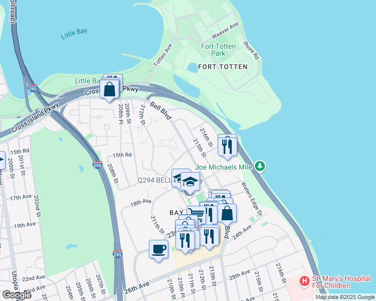 map of restaurants, bars, coffee shops, grocery stores, and more near Bell Boulevard & 16th Avenue in Queens