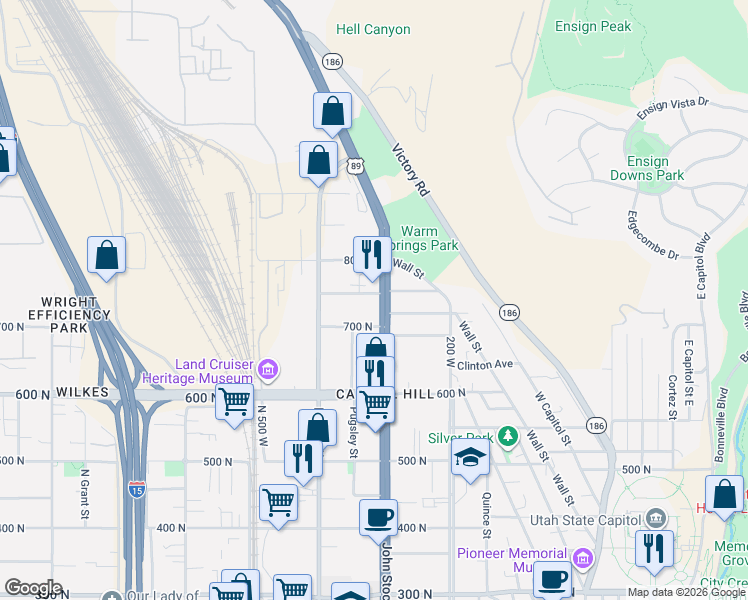 map of restaurants, bars, coffee shops, grocery stores, and more near 735 North 300 West in Salt Lake City