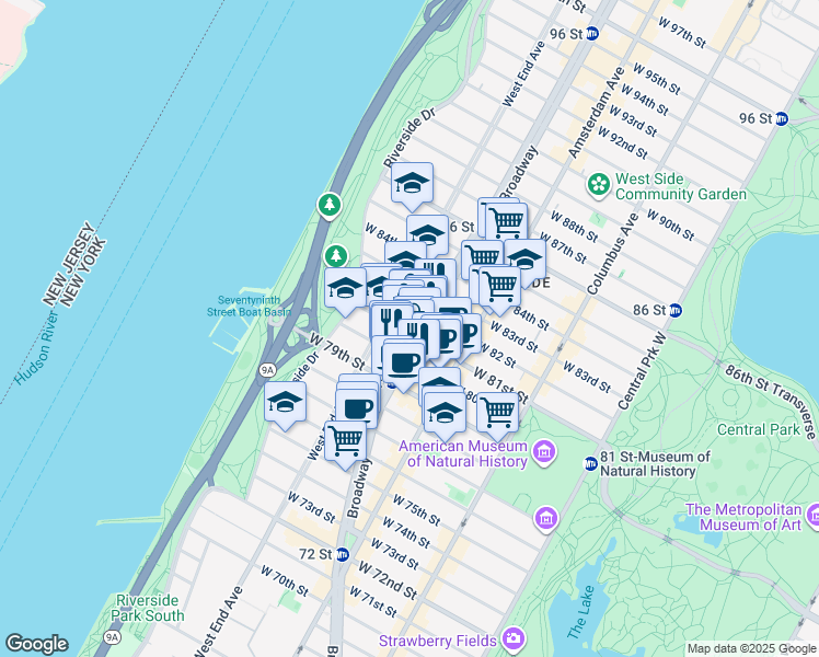 map of restaurants, bars, coffee shops, grocery stores, and more near 253 West 81st Street in New York