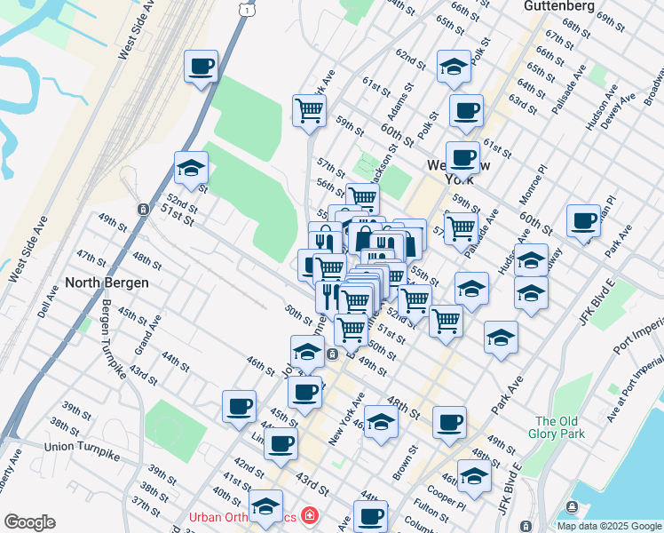 map of restaurants, bars, coffee shops, grocery stores, and more near 567 52nd Street in West New York