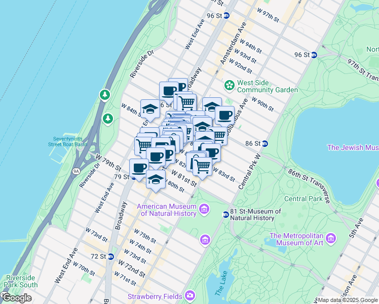 map of restaurants, bars, coffee shops, grocery stores, and more near 155 West 83rd Street in New York
