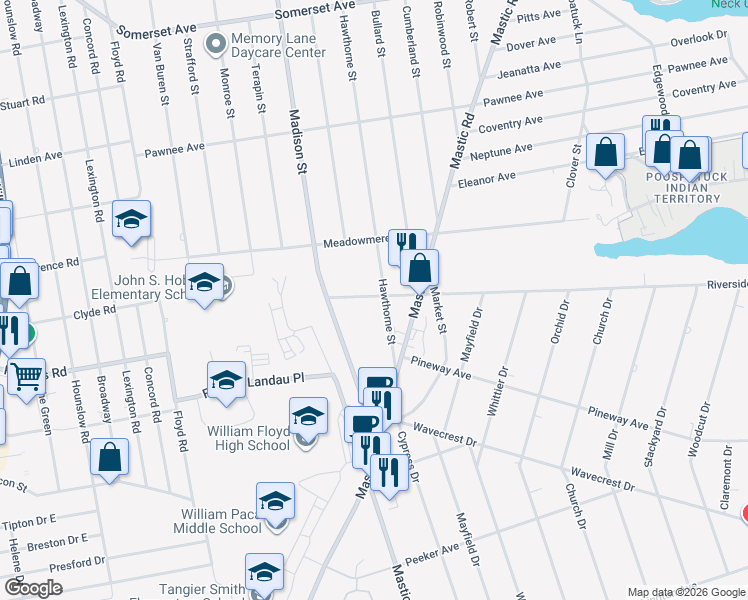 map of restaurants, bars, coffee shops, grocery stores, and more near 250 Hawthorne Street in Mastic Beach
