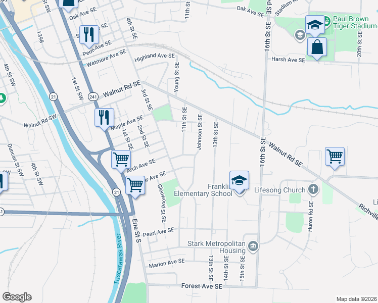 map of restaurants, bars, coffee shops, grocery stores, and more near 1107 Arch Avenue Southeast in Massillon