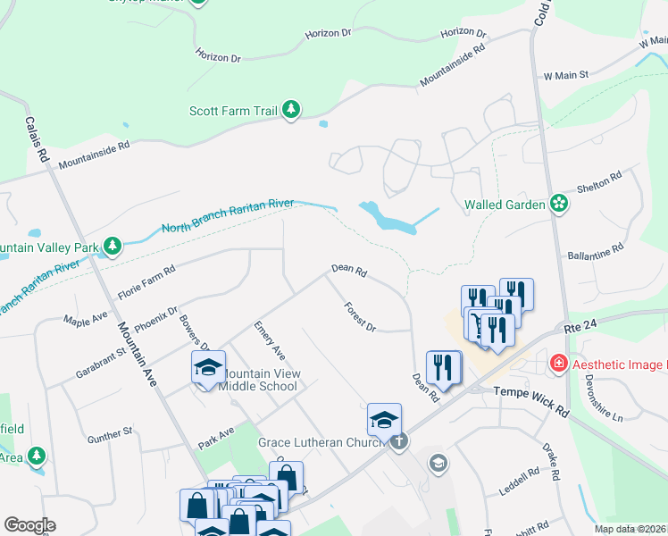 map of restaurants, bars, coffee shops, grocery stores, and more near 54 Dean Road in Mendham