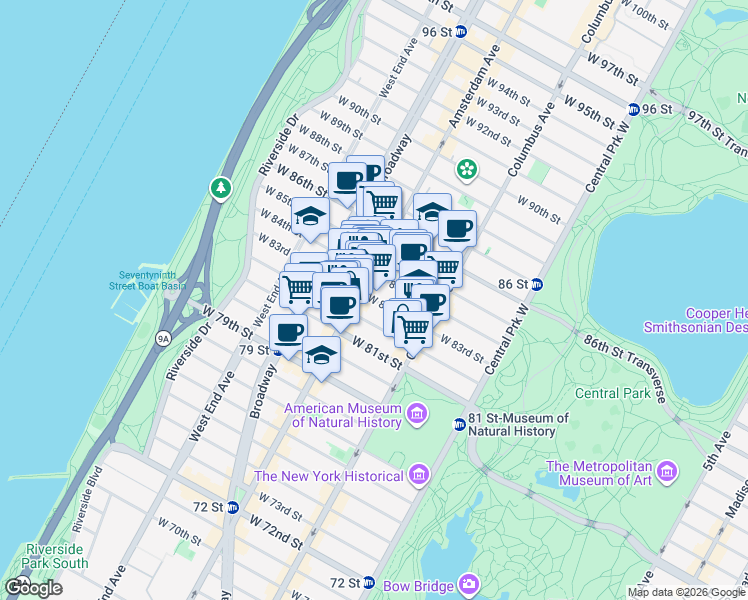 map of restaurants, bars, coffee shops, grocery stores, and more near West 83rd Street in New York