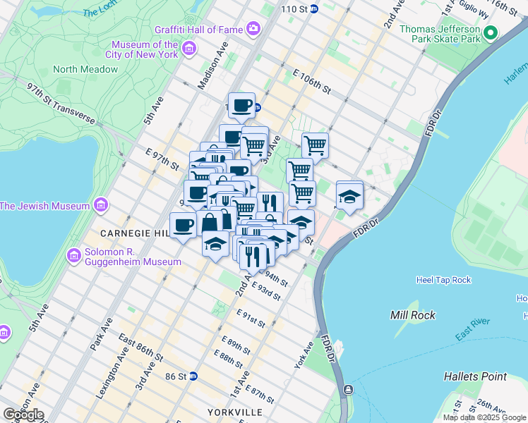 map of restaurants, bars, coffee shops, grocery stores, and more near 237 East 97th Street in New York