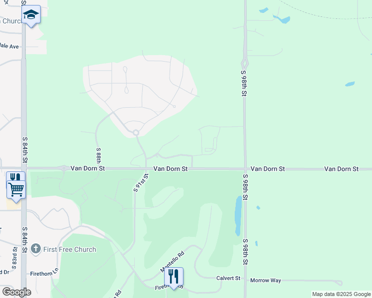 map of restaurants, bars, coffee shops, grocery stores, and more near 9300 Van Dorn Street in Lincoln