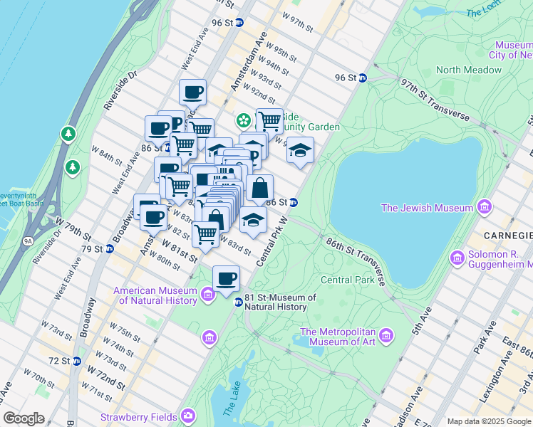 map of restaurants, bars, coffee shops, grocery stores, and more near 32 West 85th Street in New York