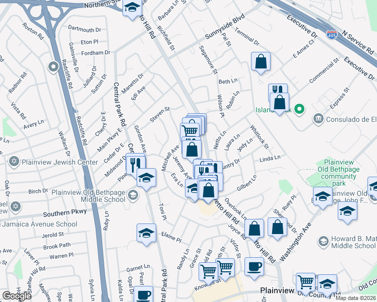 map of restaurants, bars, coffee shops, grocery stores, and more near 52 Manetto Hill Road in Plainview