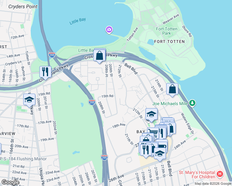 map of restaurants, bars, coffee shops, grocery stores, and more near 208-58 15th Road in Queens