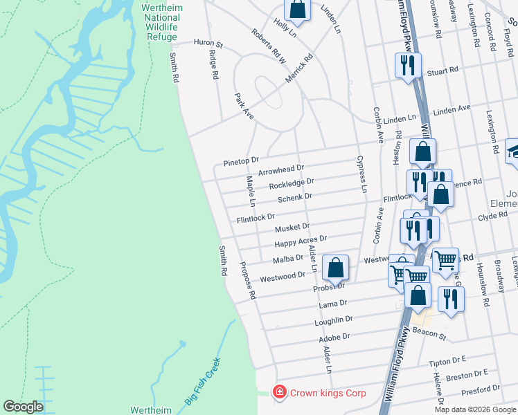 map of restaurants, bars, coffee shops, grocery stores, and more near 29 Maple Lane in Shirley