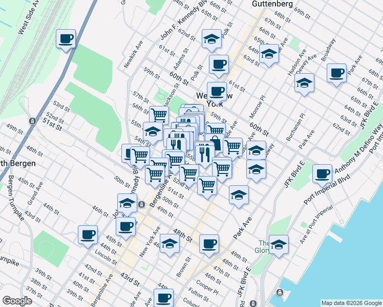 map of restaurants, bars, coffee shops, grocery stores, and more near 417 54th Street in West New York