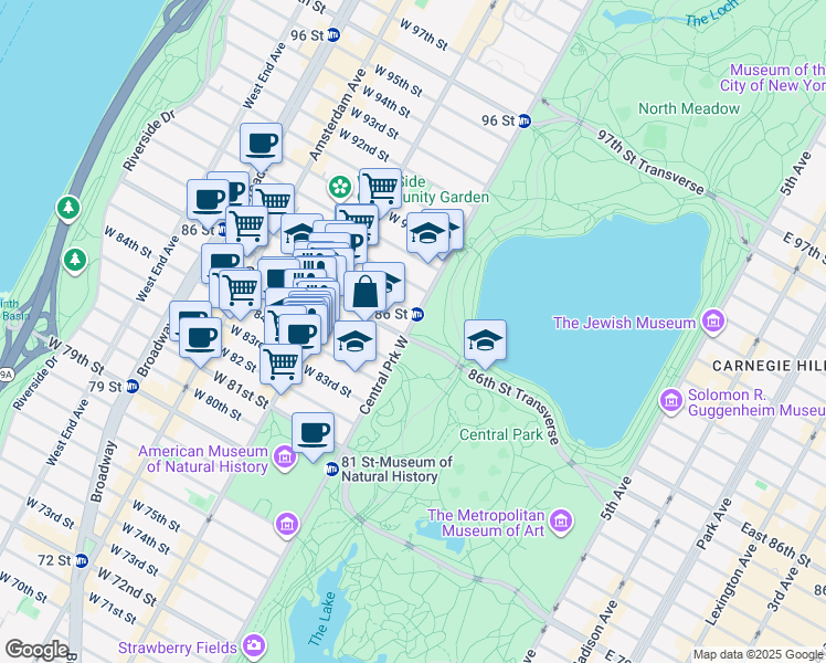 map of restaurants, bars, coffee shops, grocery stores, and more near 1 West 86th Street in New York