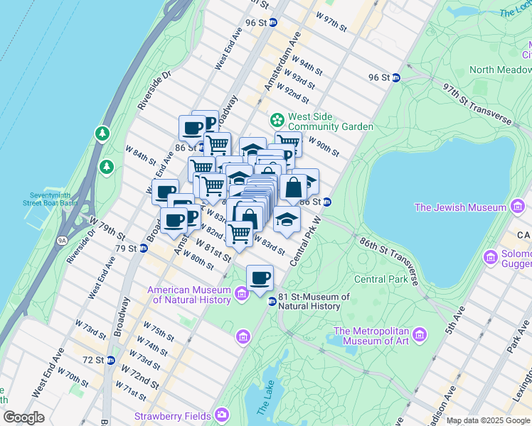 map of restaurants, bars, coffee shops, grocery stores, and more near 51 West 84th Street in New York