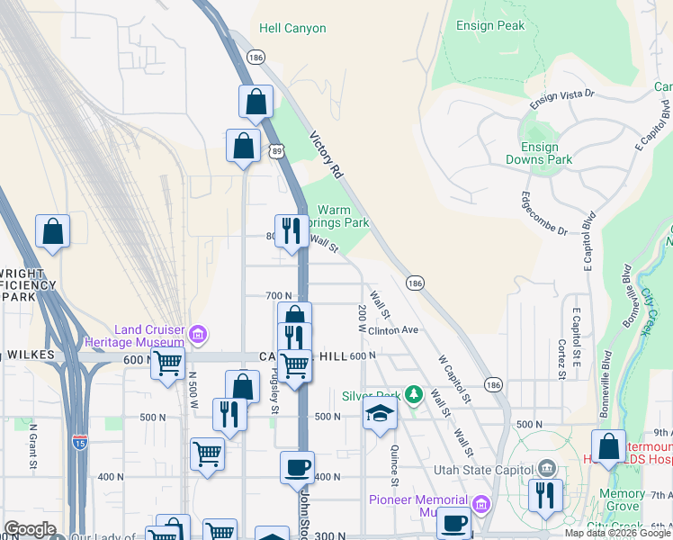map of restaurants, bars, coffee shops, grocery stores, and more near 253 Fern Avenue North in Salt Lake City