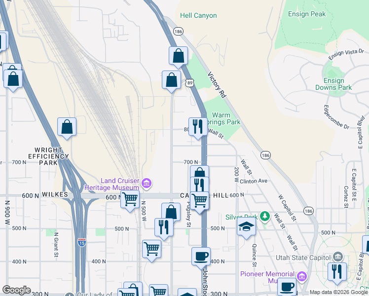 map of restaurants, bars, coffee shops, grocery stores, and more near 348 700 North in Salt Lake City