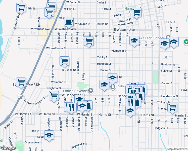 map of restaurants, bars, coffee shops, grocery stores, and more near 2523 California Street in Eureka