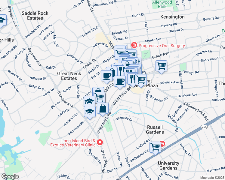 map of restaurants, bars, coffee shops, grocery stores, and more near 80 Cuttermill Road in Great Neck