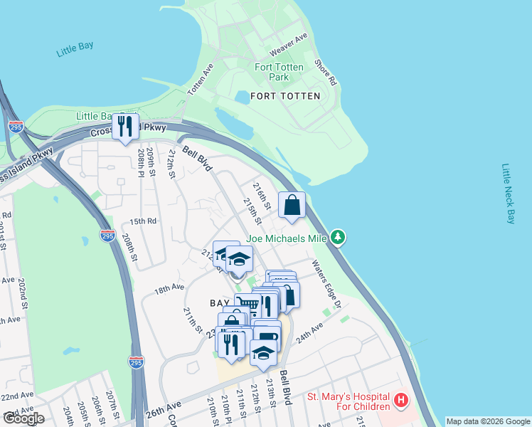 map of restaurants, bars, coffee shops, grocery stores, and more near 17-04 215th Street in Queens