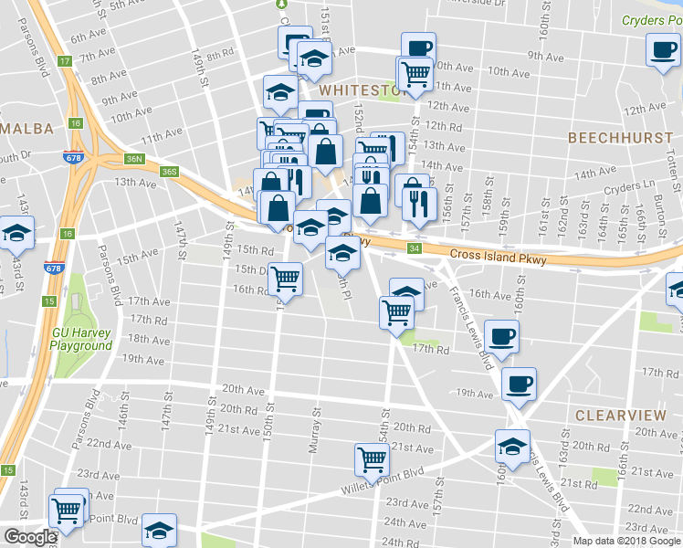 map of restaurants, bars, coffee shops, grocery stores, and more near 15-71 150th Place in Queens