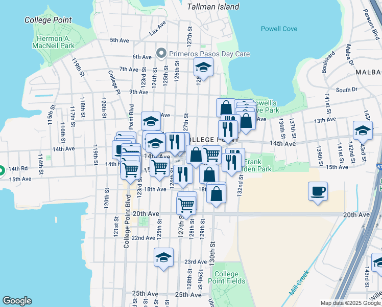 map of restaurants, bars, coffee shops, grocery stores, and more near 14-10 128th Street in Queens