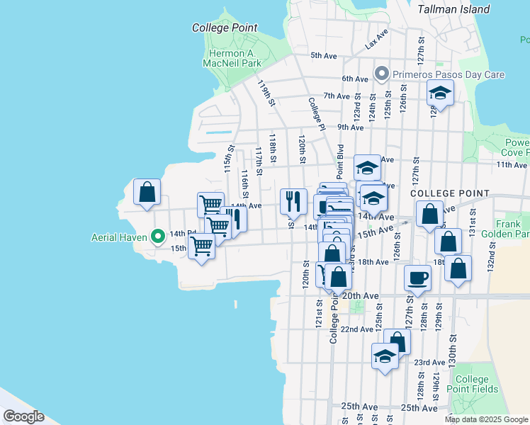 map of restaurants, bars, coffee shops, grocery stores, and more near 11719 14th Road in Queens