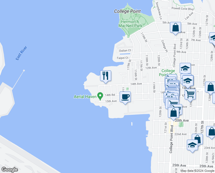 map of restaurants, bars, coffee shops, grocery stores, and more near 14-22 112th Street in Queens