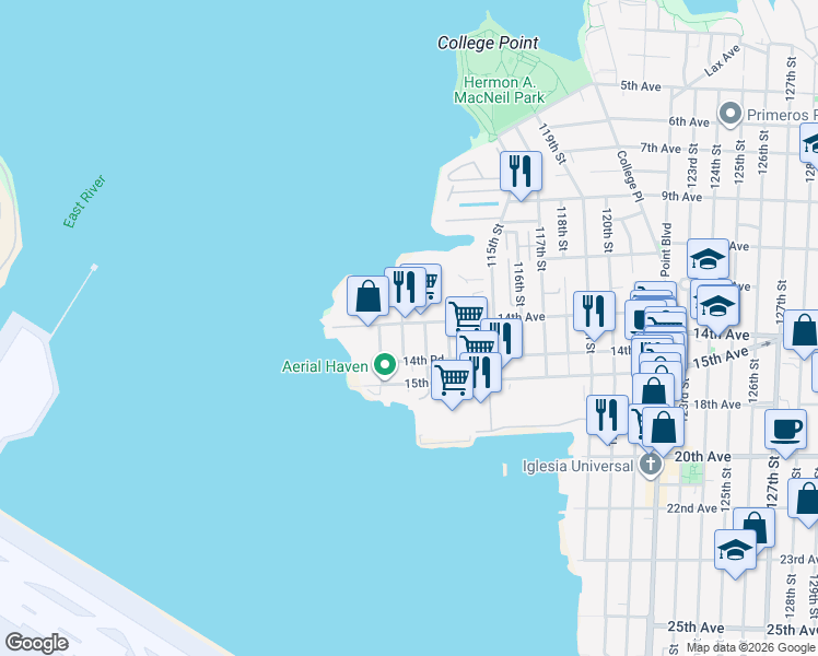 map of restaurants, bars, coffee shops, grocery stores, and more near 14-22 112th Street in Queens