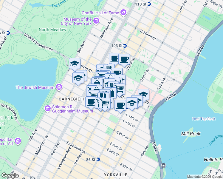 map of restaurants, bars, coffee shops, grocery stores, and more near in New York