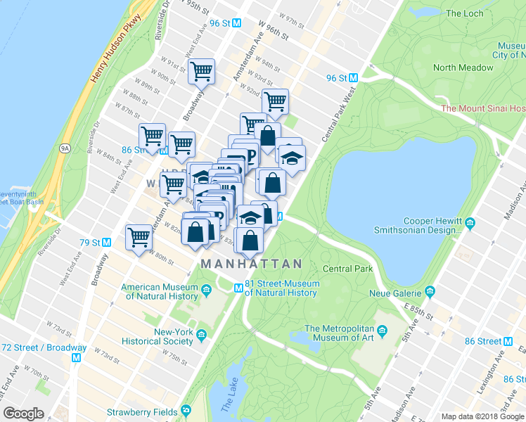 map of restaurants, bars, coffee shops, grocery stores, and more near 32 West 85th Street in New York