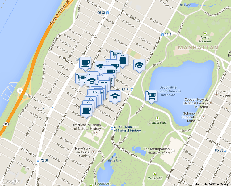 map of restaurants, bars, coffee shops, grocery stores, and more near 32 West 85th Street in New York