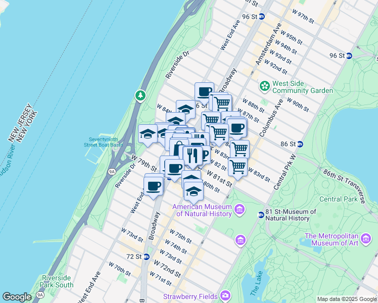 map of restaurants, bars, coffee shops, grocery stores, and more near 234 West 81st Street in New York