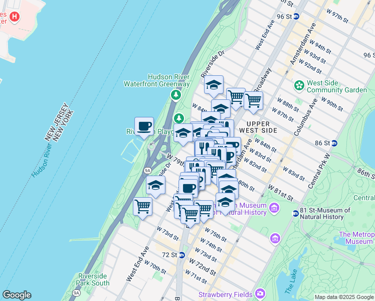 map of restaurants, bars, coffee shops, grocery stores, and more near in New York
