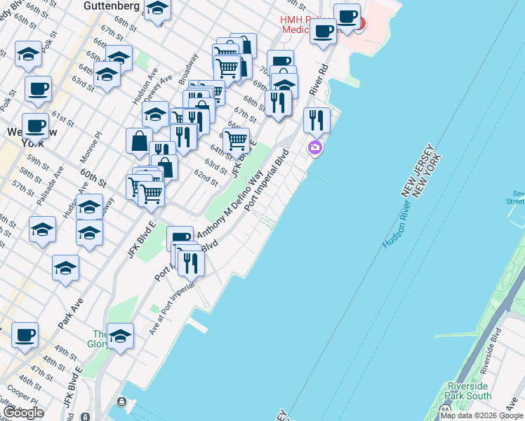 map of restaurants, bars, coffee shops, grocery stores, and more near 2 Avenue at Port Imperial in West New York