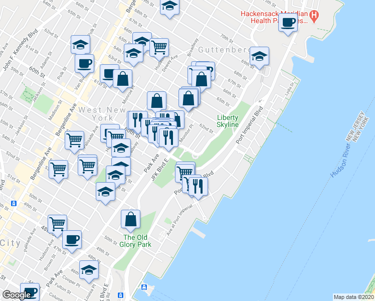 map of restaurants, bars, coffee shops, grocery stores, and more near 6040 Boulevard East in West New York