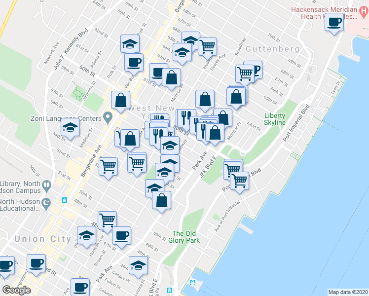 map of restaurants, bars, coffee shops, grocery stores, and more near 126 58th Street in West New York