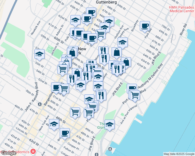 map of restaurants, bars, coffee shops, grocery stores, and more near in West New York