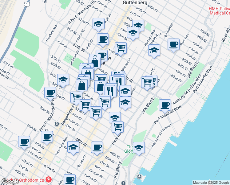 map of restaurants, bars, coffee shops, grocery stores, and more near 5607 Hudson Avenue in West New York