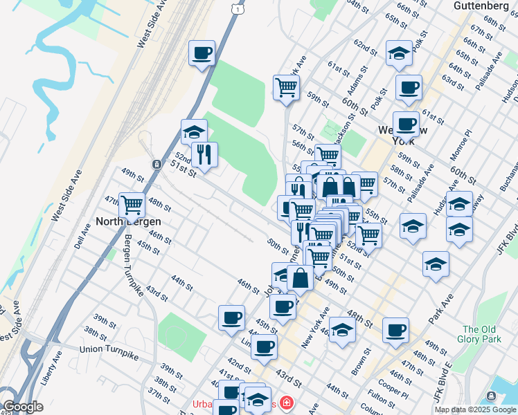 map of restaurants, bars, coffee shops, grocery stores, and more near 1153 51st Street in North Bergen