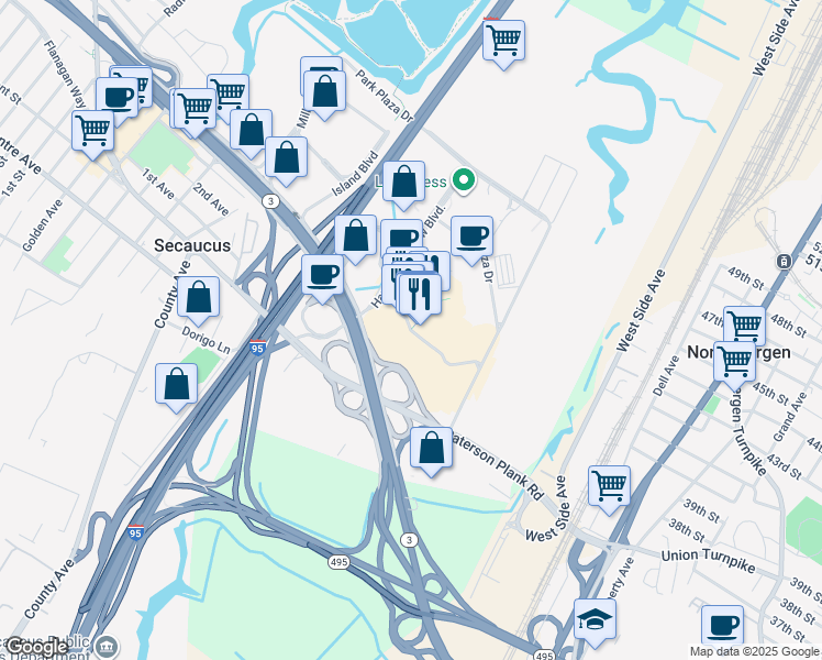 map of restaurants, bars, coffee shops, grocery stores, and more near 650 Plaza Drive in Secaucus