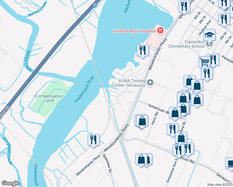 map of restaurants, bars, coffee shops, grocery stores, and more near 761 Spinnaker Court in Secaucus