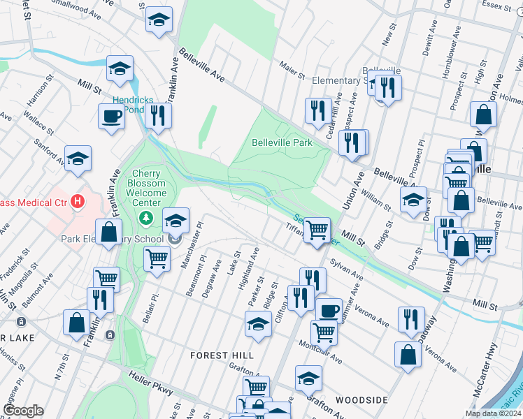 map of restaurants, bars, coffee shops, grocery stores, and more near 90 Tiffany Boulevard in Newark